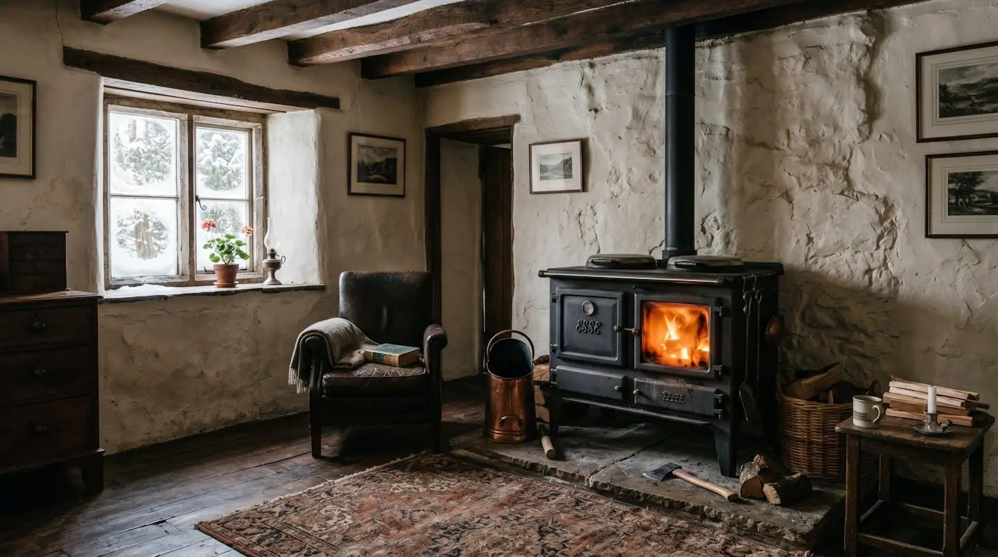 Intérieur d'une maison ancienne en pierre avec un poêle à bois et four allumé, lumière tamisée, ambiance hivernale authentique