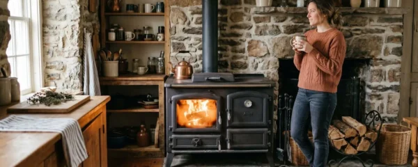 Poêle à bois avec four en fonte installé dans une cuisine de maison individuelle, flamme visible, ambiance chaleureuse