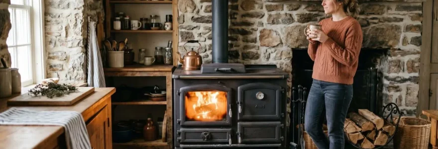 Poêle à bois avec four en fonte installé dans une cuisine de maison individuelle, flamme visible, ambiance chaleureuse