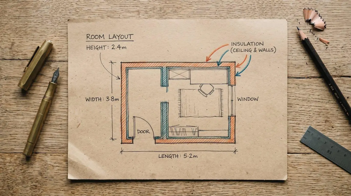 Schéma illustrant le calcul du volume d'une pièce et l'impact de l'isolation sur la puissance requise pour un poêle à bois